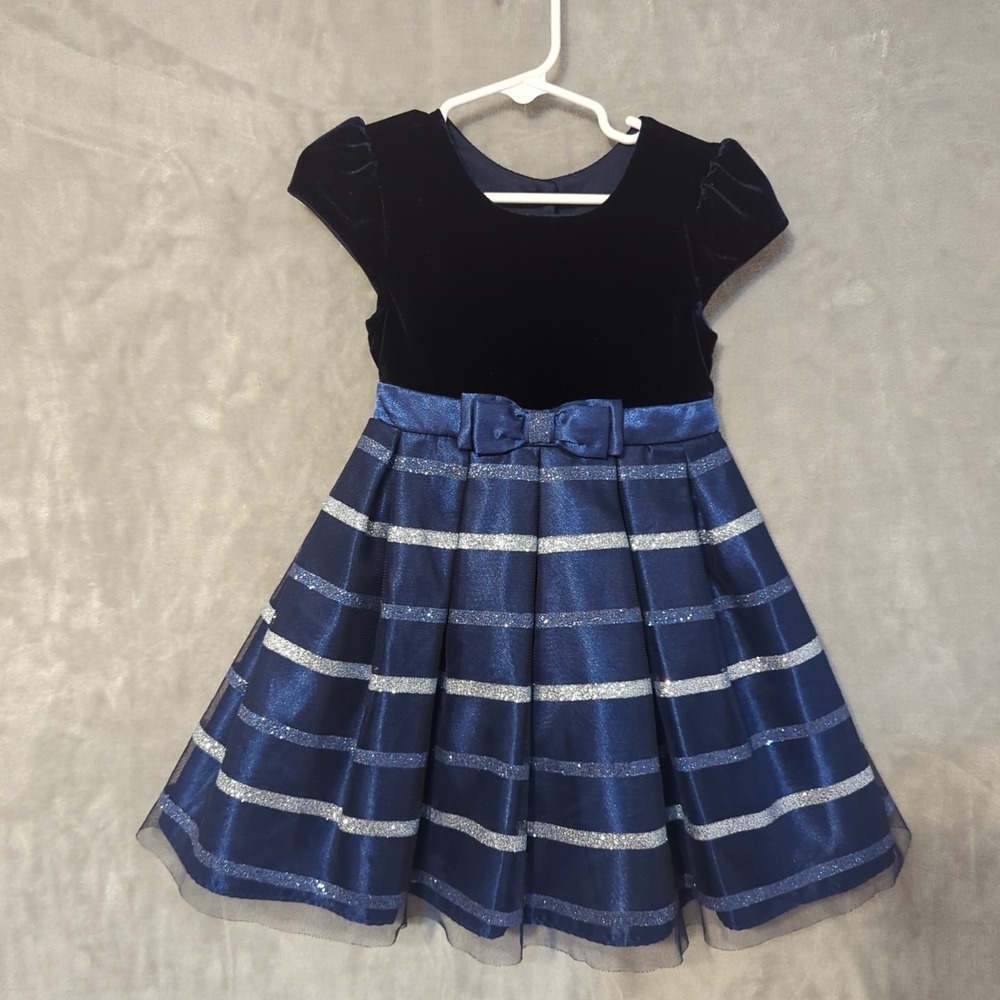 Jona Michelle Dress Blue Fit & Flare Velvet Blue Silver Toddler Size 3T‎